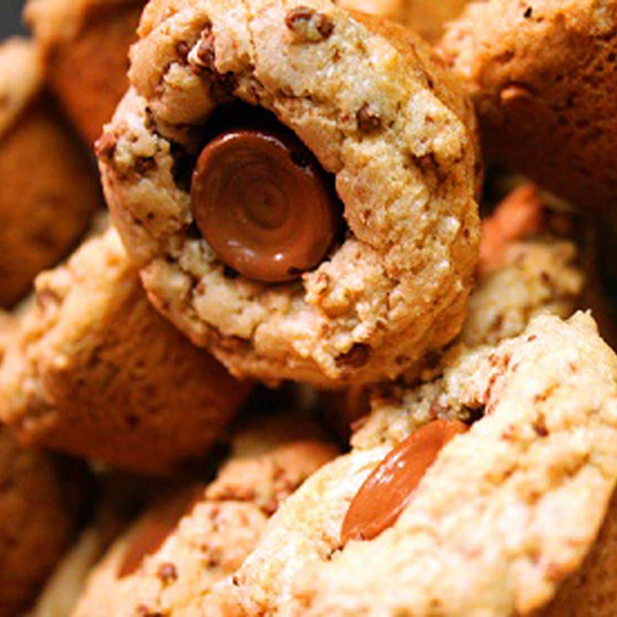 Square image of chocolate chip rolo cookie cups.