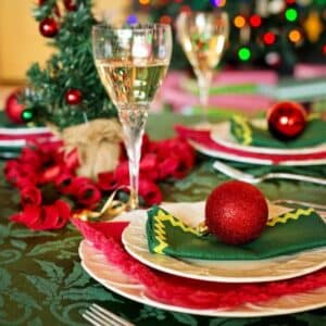 Square image showing Christmas dinner table.