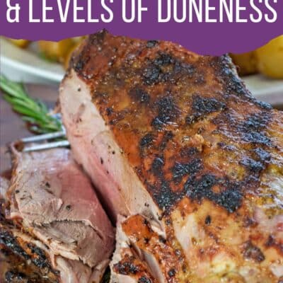 Lamb cooking doneness guide pin with text header and sliced roasted leg of lamb image.