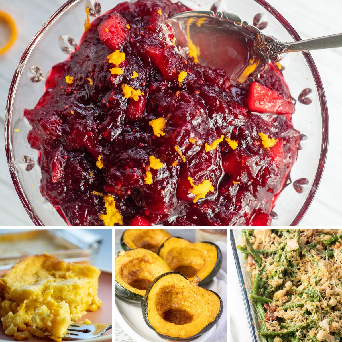 Square collage image of side dishes you can make ahead of Thanksgiving.