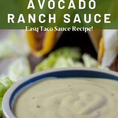 Pin image with text of Taco Bell avocado ranch sauce with tacos.
