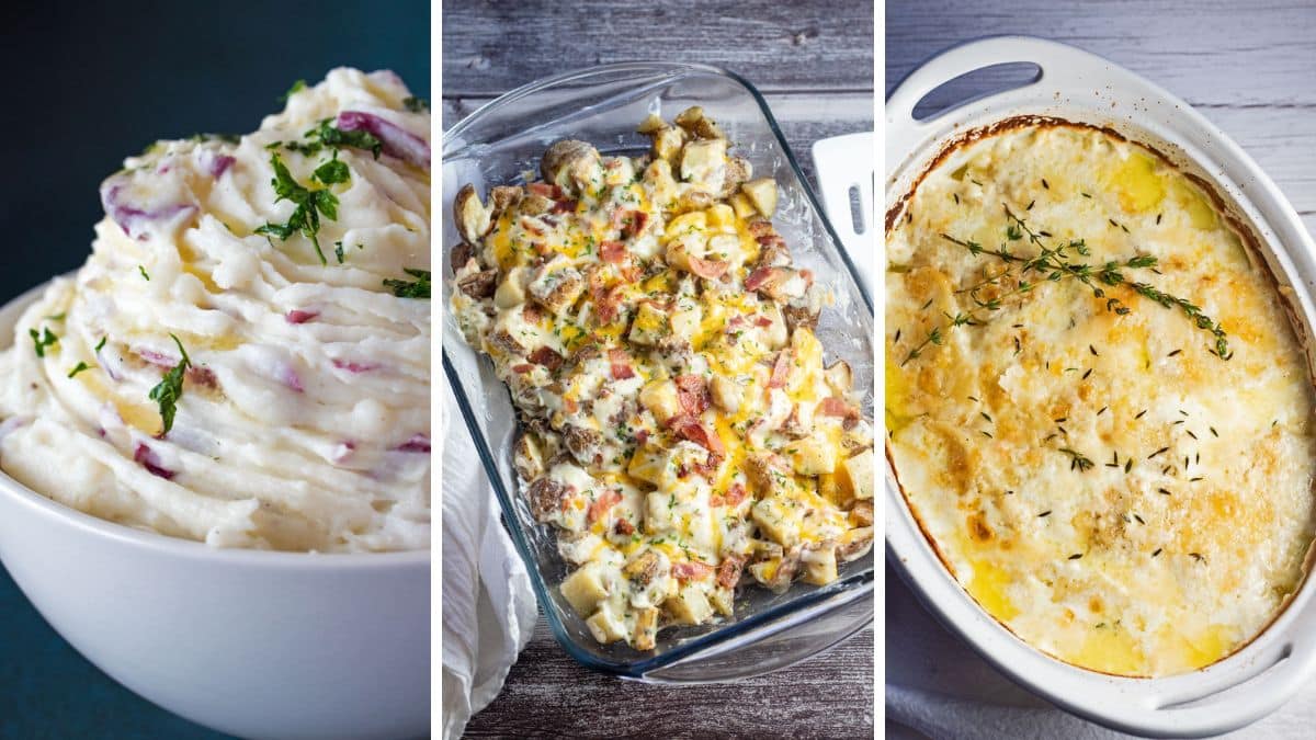 A wide three-image collage showing fluffy red skin mashed potatoes with bits of peel, cheesy bacon ranch potatoes, and an oval casserole dish of creamy dauphinoise potatoes.