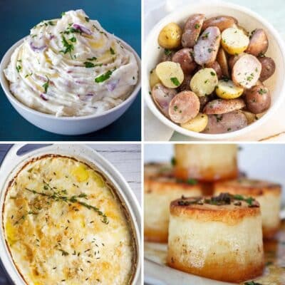 Square image of a collage of potato side dishes for Thankgiving.