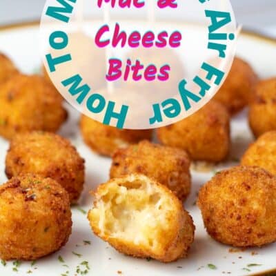 Pin image with text of air fryer mac & cheese bites on a plate.