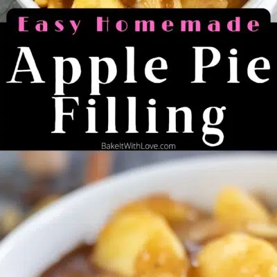 Pin image with text of apple pie filling in a white bowl.
