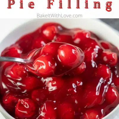 Pin image with text of cherry pie filling in a white bowl.
