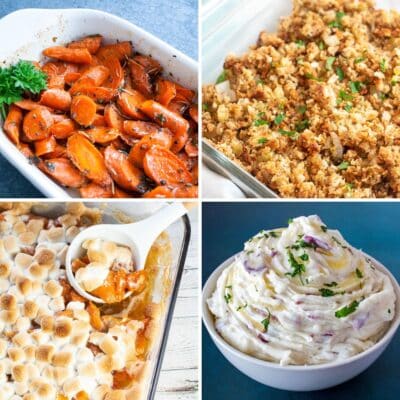 Square collage image of of four Thanksgiving side dishes.