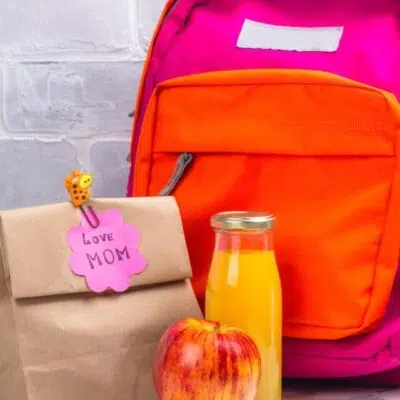 Square image of kids backpack and lunch bag.
