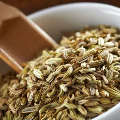 Square image of fennel seeds in a white bowl with small scoop.