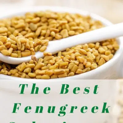 Pin image with text of fenugreek in a small white bowl.