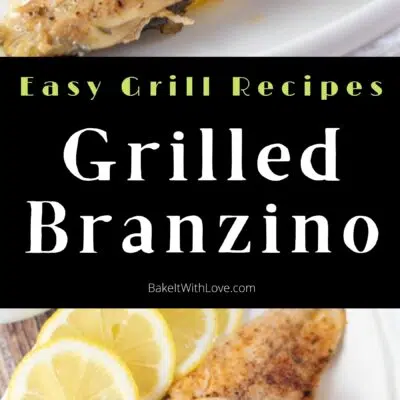 Pin image with text of branzino with gremolata and lemon slices on a white serving plate.