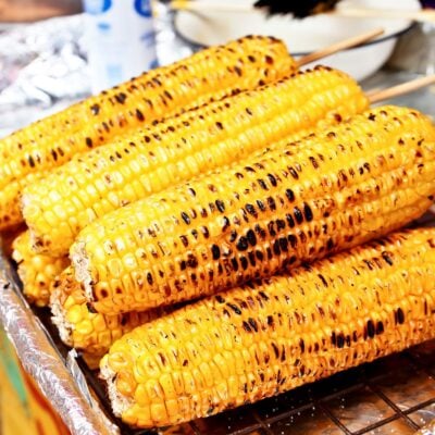 Square image of grilled corn on the cob stacked with wooden skewers.
