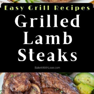 Pin image with text divider of grilled lamb steak on a plate with zucchini and rosemary.