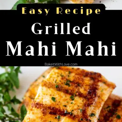 Pin image with text of grilled mahi mahi on a white plate.