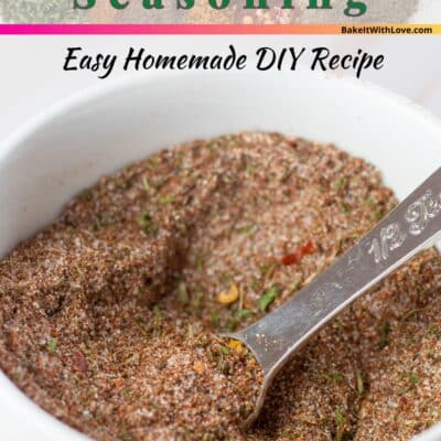 Pin image with text of Jamaican jerk seasoning in a white bowl.