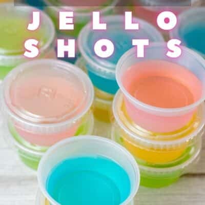 Pin image with text of multi colored jello shots.