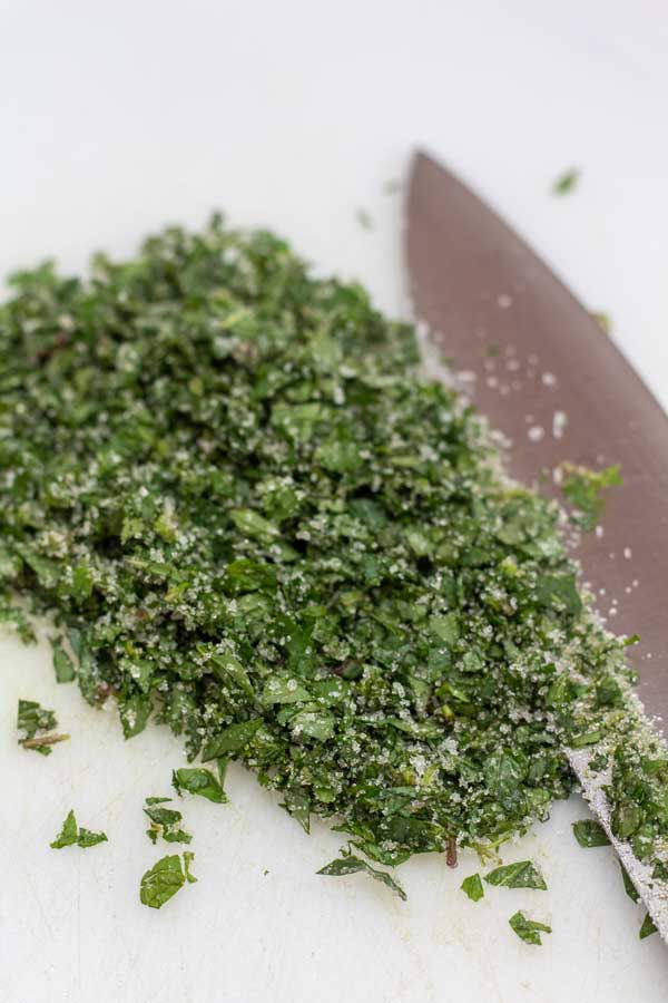 Process image 2 showing finely chopped mint with sugar.