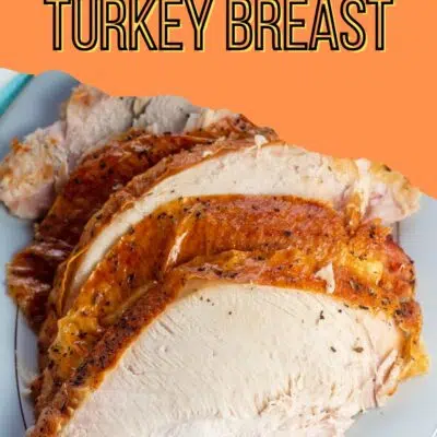 Best oven roasted turkey breast pin with sliced, juicy roasted turkey on platter.