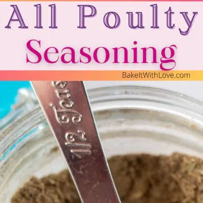 Pin image with text of poultry seasoning in a small glass jar.