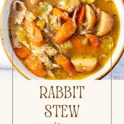 A rabbit stew pin with a square image showing an overhead shot into a bowl of hearty rabbit stew with tender root vegetables and text beneath the image.