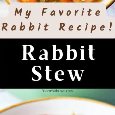 Pin image with text divider of a large bowl of rabbit stew.