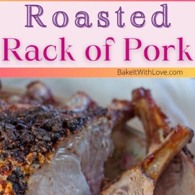 Pin image with text of sliced rack of pork on a serving platter.