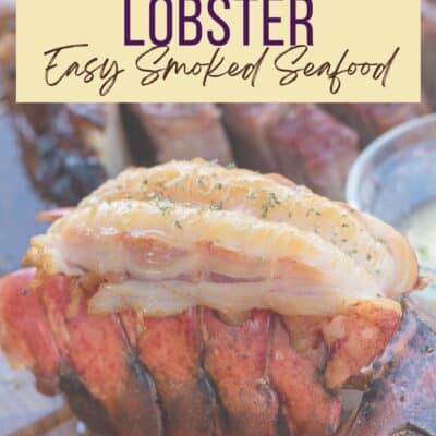 Pin image with text of smoked lobster tail on a wood cutting board with melted butter.