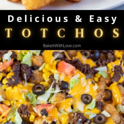Pin image with text of totchos on a baking sheet.