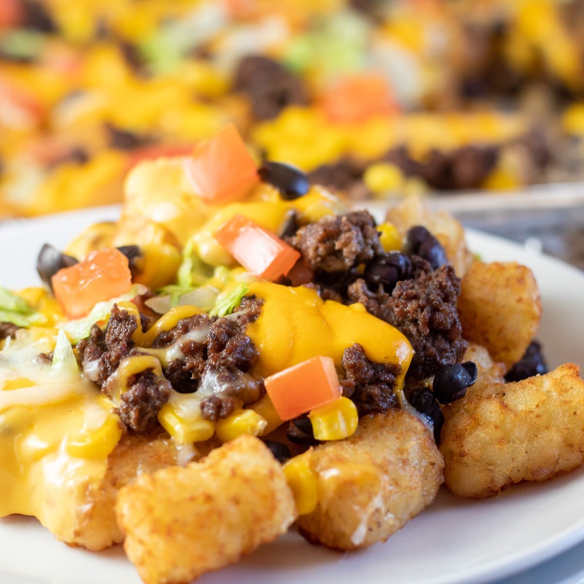 Square image of totchos on a white plate.