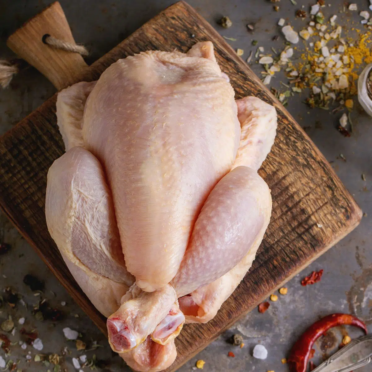 Image carrée de poulet sasso cru entier sur une planche à découper.