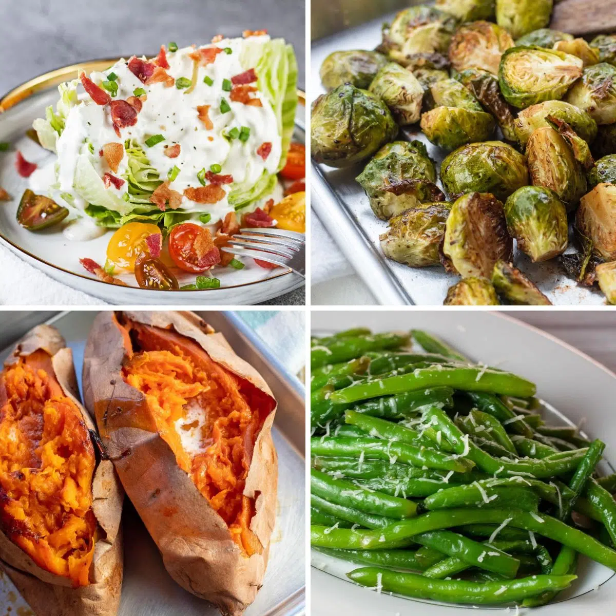 Square collage image showing 4 examples of what to serve with ribeye steak.