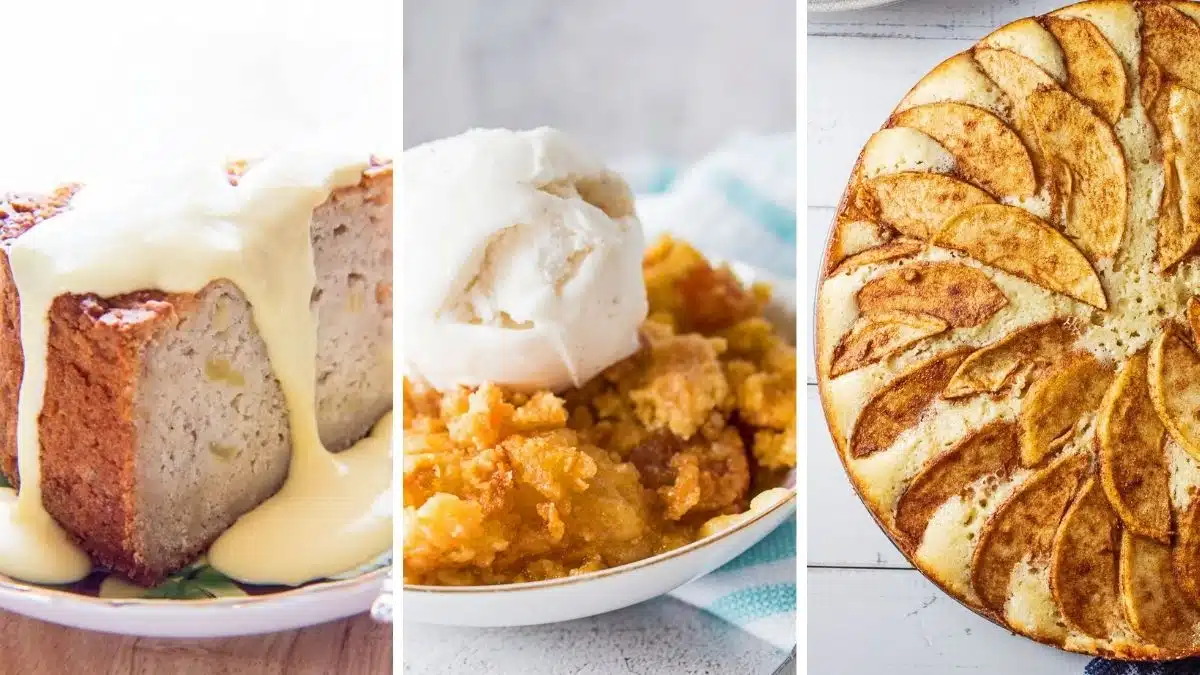 Best apple cake recipes to make featuring Irish apple cake with delicious custard sauce, apple dump cake using canned apple pie filling, and Dutch apple cake.