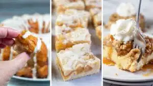 Apple dessert recipes trio collage featuring apple pie monkey bread, apple pie bars, and apple pie french toast casserole.