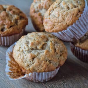 Square image of banana nut muffins.