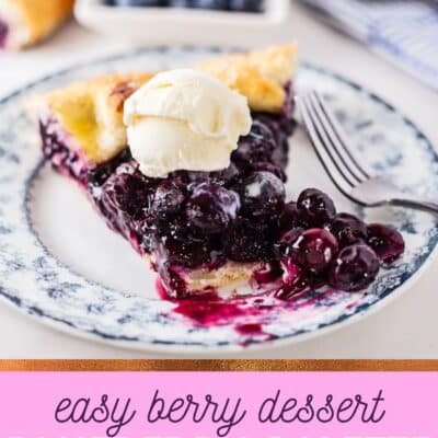 Best homemade blueberry galette pin with text title box under an image of the sliced dessert.