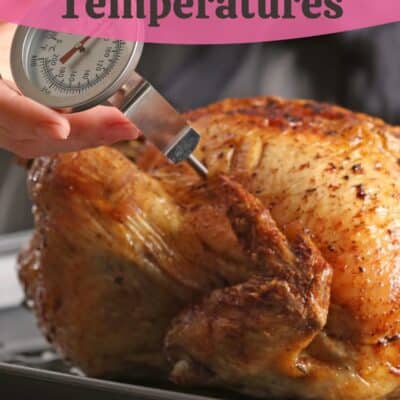 Pin image with text showing a whole roasted chicken temperature being checked.