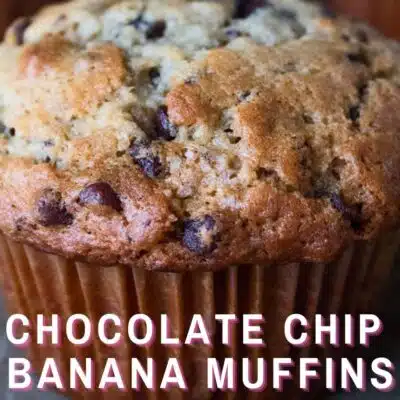 Pin image with text overlay of a chocolate chip banana muffin.