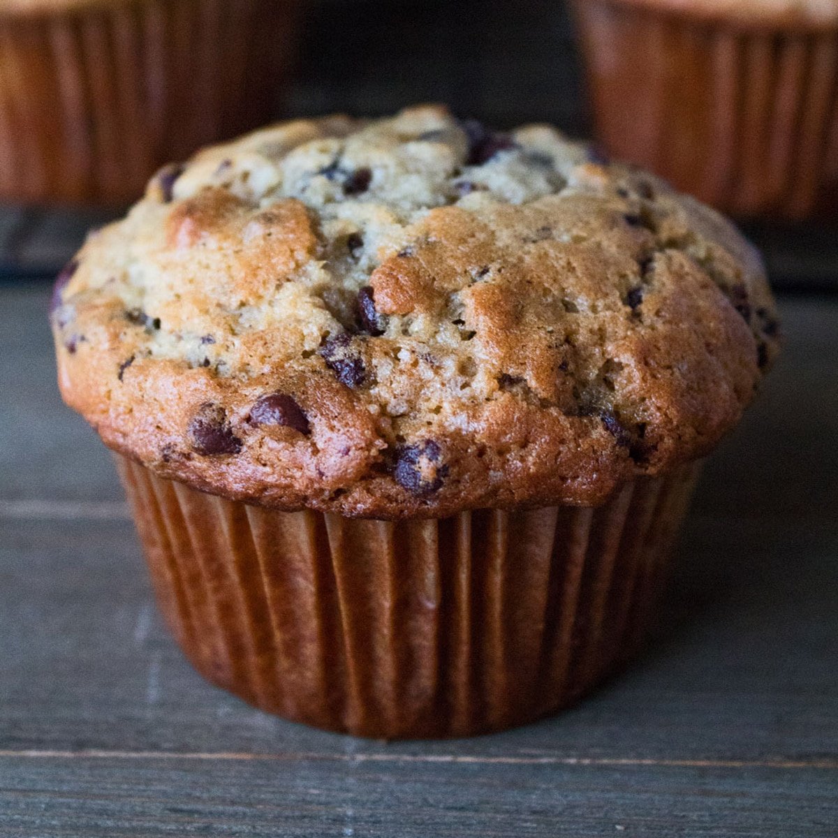Square image of a chocolate chip banana muffin.
