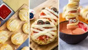 Best Halloween appetizers collection featuring 3 tasty finger food snacks in a collage.