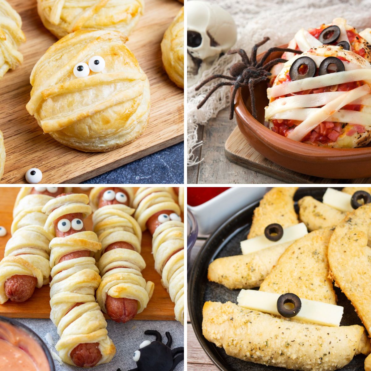 De beste Halloween-hapjes om te maken voor feestjes met 4 afbeeldingen van eenvoudige lekkernijen en snacks in een collage.