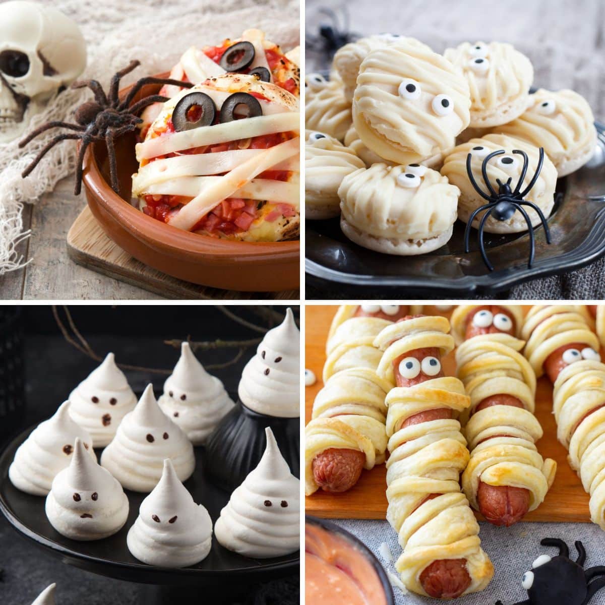 Melhores aperitivos de Halloween para festas com 4 imagens em uma colagem.