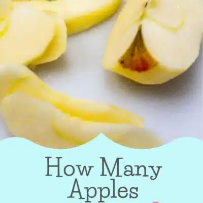 How many apples in a cup pin with text title footer block and image of sliced apples.