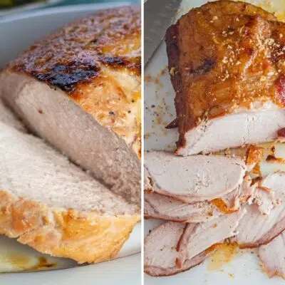 Square split image showing different pork roasts.