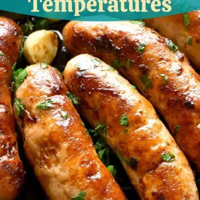 Pin image for sausage internal temperatures, showing sausages in pan.