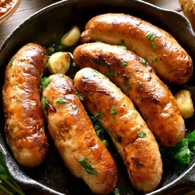 Square image for sausage internal temperatures, showing sausages in pan.
