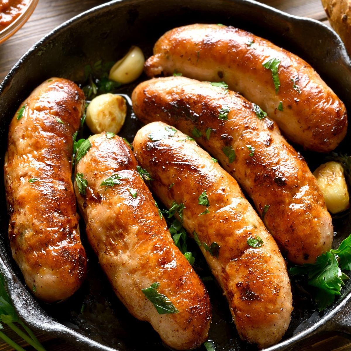 Square image for sausage internal temperatures, showing sausages in pan.