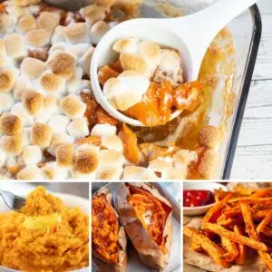 Thanksgiving Sweet Potato Side Dishes recipe ideas to make your perfect holiday meal featuring 4 recipes in a collage.