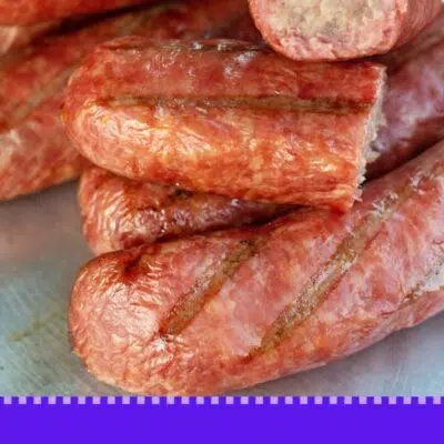 What is bratwurst pin with sliced smoked bratwurst image and text color block title.