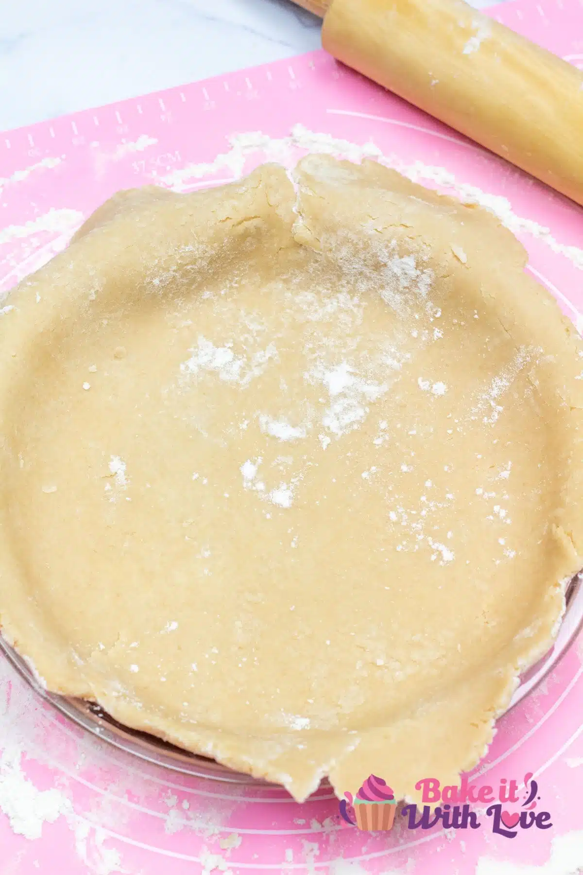 Tall image of pie dough in pan.