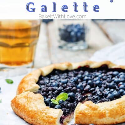 Pin image with text of blueberry galette with a slice cut out.